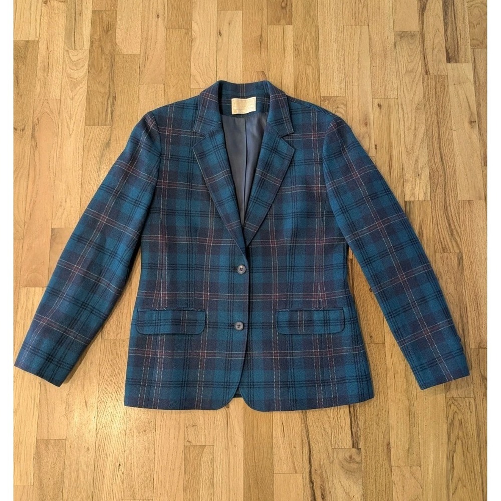 Vintage 1970s Pendleton Plaid Womens Blazer Jacket Teal Navy Maroon 100% Wool